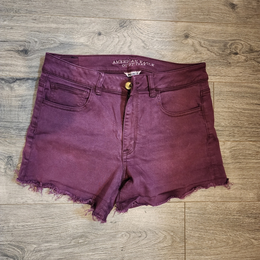 American Eagle High Rise Shorts Burgundy Denim Stretch Womens 12